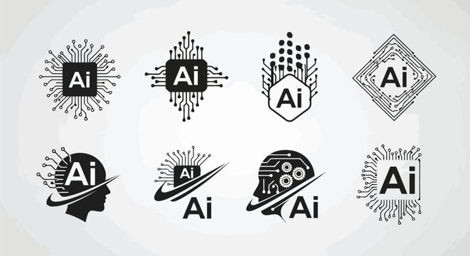 Creative and diverse artificial intelligence logos with stylized designs