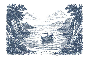 Scenic hidden bay with a small fishing boat anchored between lush cliffs, detailed vintage engraving style vector illustration for nautical themes. © Chairul