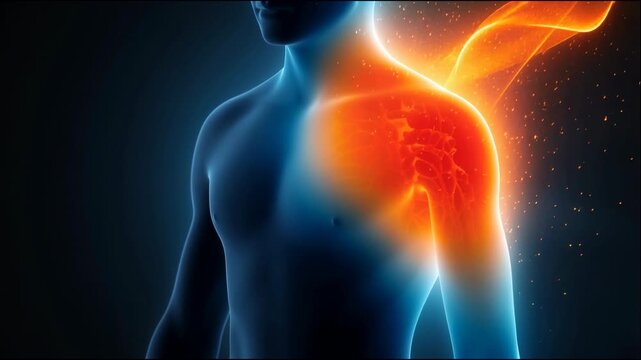 Human shoulder pain anatomy with glowing red area and particles