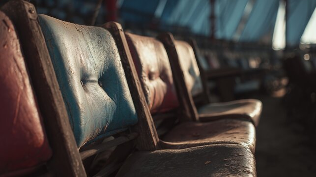 Seats inside a circus tent during the afternoon with some light coming through and showing wear from many performances