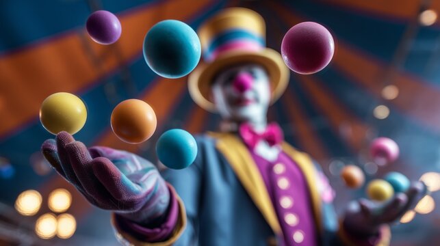 Clown performs juggling act with colorful balls during circus performance at nighttime event