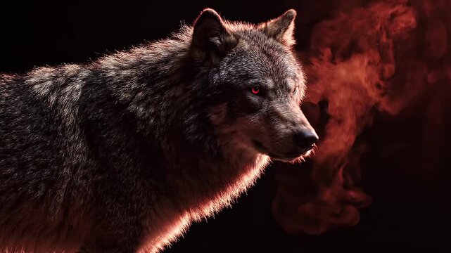 Black Wolf Side Portrait with Dramatic Red Smoke Background Wild Animal Concept