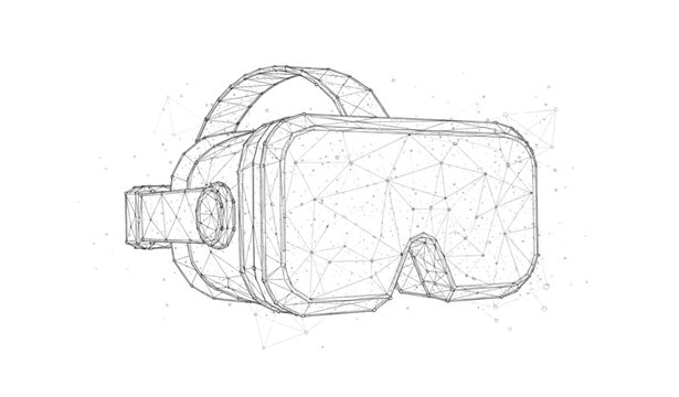 Virtual reality VR headset wireframe vector illustration with geometric lines triangles and particle network in minimal tech outline style on white background