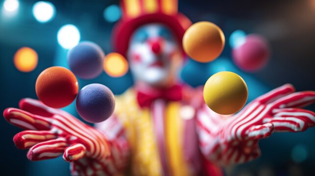 Clown performs juggling act with colorful balls at circus event in evening