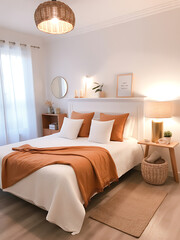 Fototapeta premium A cozy bedroom with a neatly made bed and warm lighting features a stylish woven lamp shade and a comfortable rug on the wooden floor.