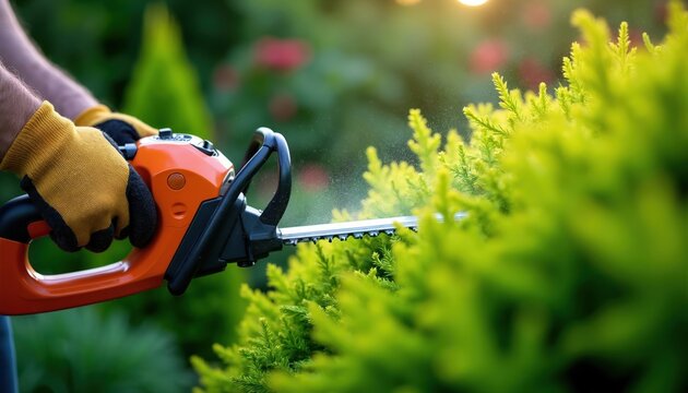 Man trims green conifer shrub using electric hedge trimmer in garden. Flying clippings scatter in sunlight. Yard maintenance activity, detail of pruning task.