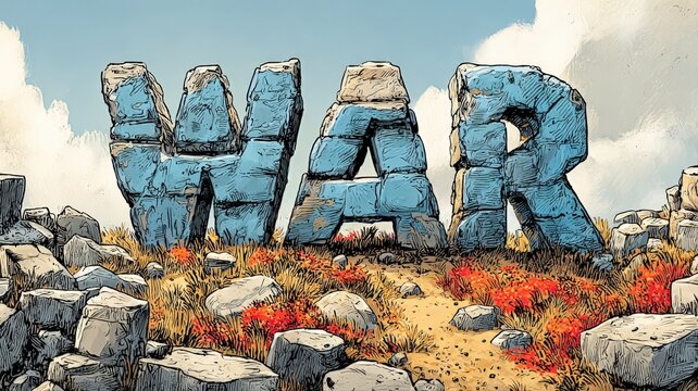 Giant Stone Letters Spelling 'WAR' Surrounded by Rocky Terrain and Autumnal Foliage