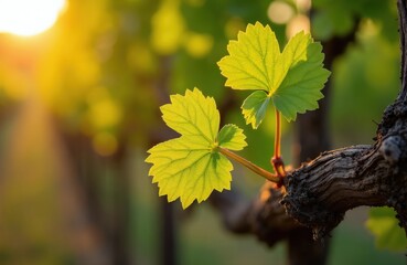 Naklejka premium Young grapevine leaves emerge on vine branch. Golden sunlight shines through green foliage. Soft bokeh background shows vineyard in spring. New growth begins.