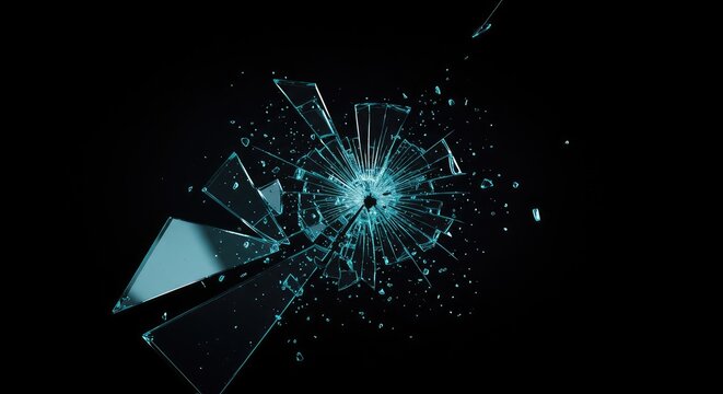 A shattered glass effect dramatically represents systemic breakdown, complexity, and disconnection in a geometric abstract visual, structure, disruption, concept