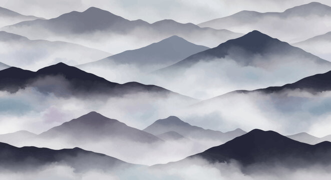 Mystic Mountain Landscape in Fog: Serene Peaks and Misty Valleys