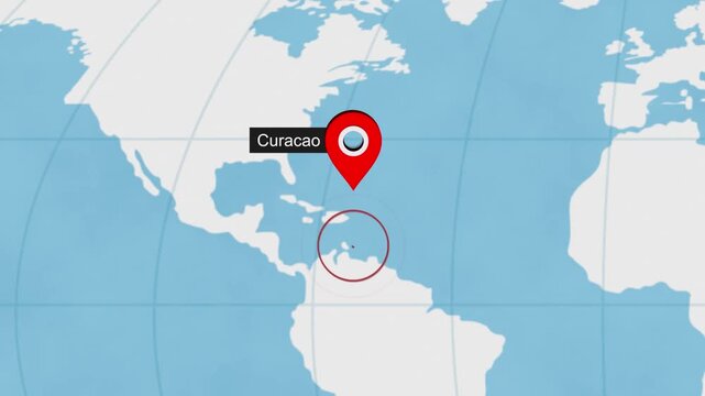 Curacao Location Highlight on World Map with Circle Marker