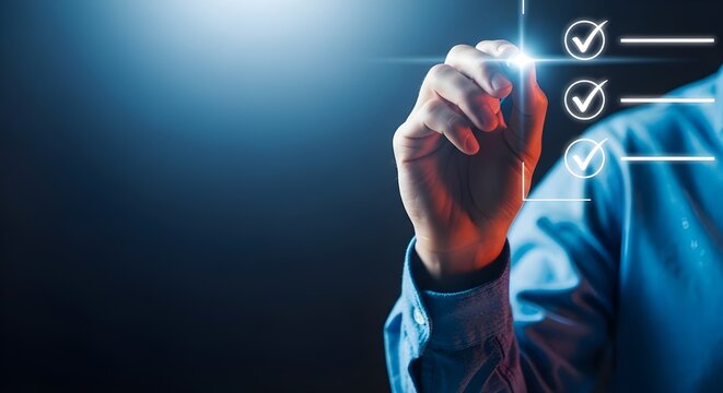 Businessman selecting options on a digital checklist with his finger