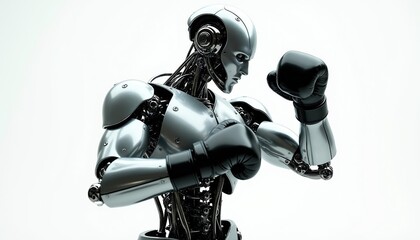 Fototapeta premium Metallic robot boxer in fighting stance with black gloves. Advanced android prepares for combat in a clean studio setting. Future of sports and technology in a posed action shot.