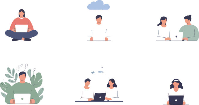 Users accessing files remotely with cloud network connections simple character style flat vector illustration set
