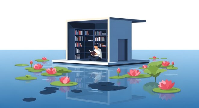 Blue Modern Tiny Cabin Reading on Lily Pad Pond