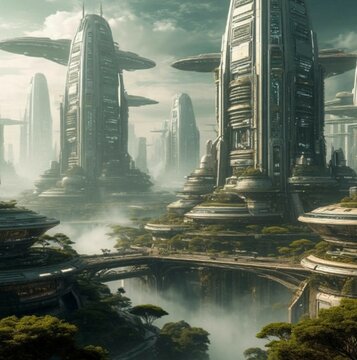 Futuristic Eco Megacity With Floating Platforms and Green Nature