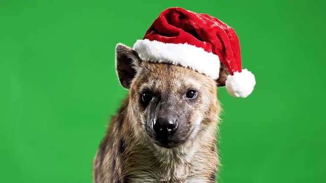 A spotted hyena pup wearing a festive red and white Santa hat, looking directly at the camera against a vibrant green background, celebrating the holiday season.
