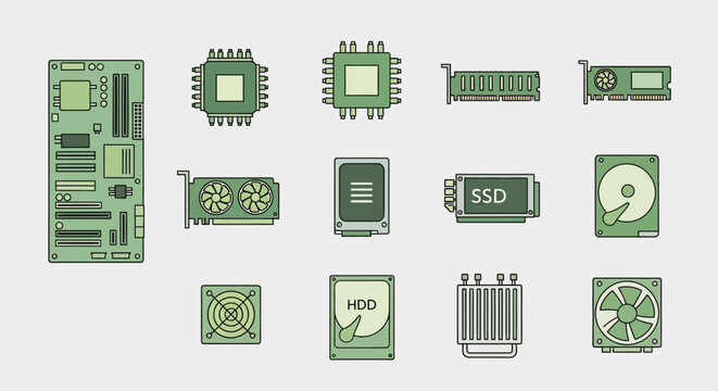 Collection of computer microchips and processors.