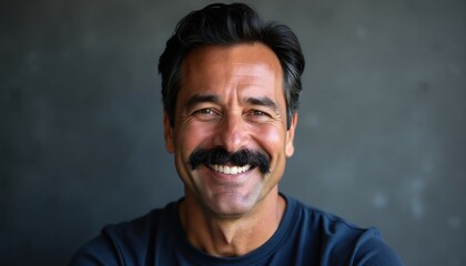 Fototapeta premium Mature man with thick mustache smiles. Friendly face, dark hair, wearing navy tee. Indoor studio portrait with soft gray background light. He looks approachable and confident.