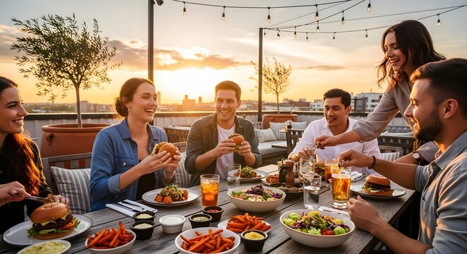 Friends eating food at outdoor restaurant.