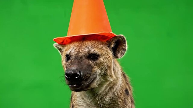A spotted hyena wearing an orange traffic cone on its head, standing in front of a vibrant green screen background.