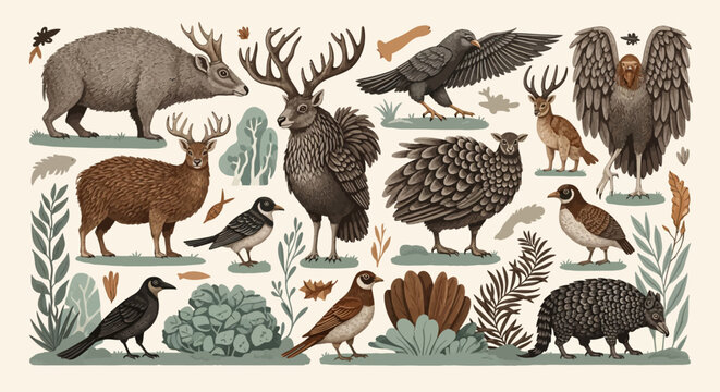 Variety of animals and birds together.