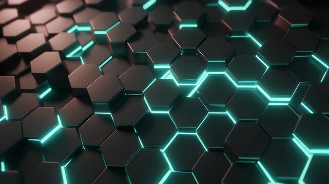 Close-Up of Hexagon Mesh Pattern with Flowing Neon Energy Inside Tiles &ndash; Dark Background for Abstract Cinematic Futuristic Visual Design