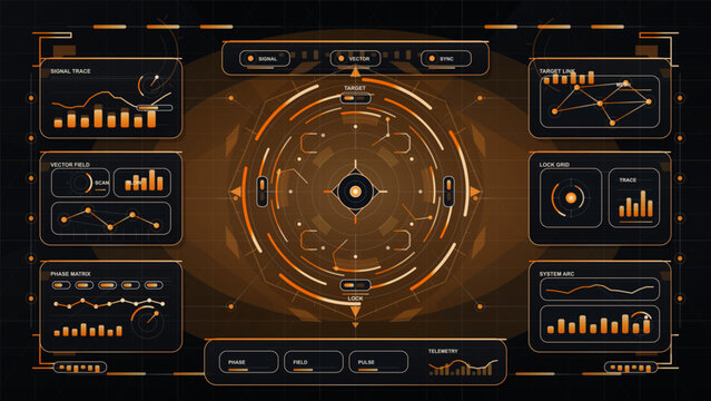 Futuristic orange HUD dashboard with circular target scanner, data charts, telemetry panels, and network graphs on a dark grid background