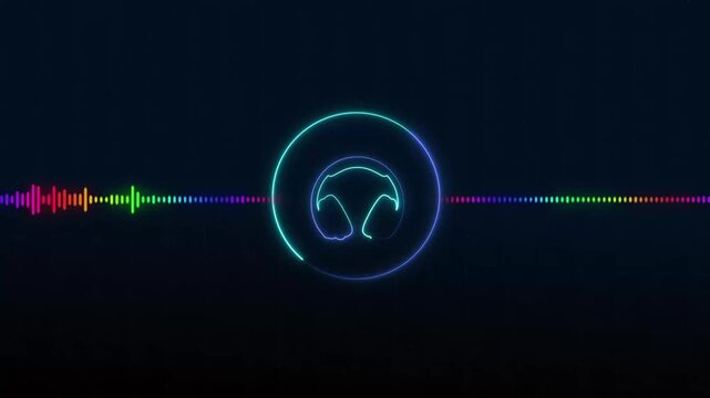 Neon headphones icon and colorful sound wave equalizer on dark. Headphones icon audio. Professional neon headphones icon for digital music and audio frequency visualizations.