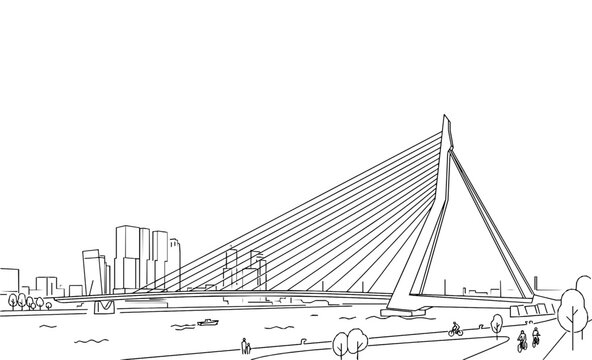 Erasmus Bridge Rotterdam Monoline Illustration Minimalist Style