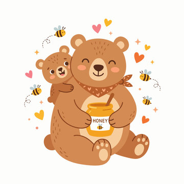 Cute teddy bear holding a heart and gift in a playful cartoon style illustration