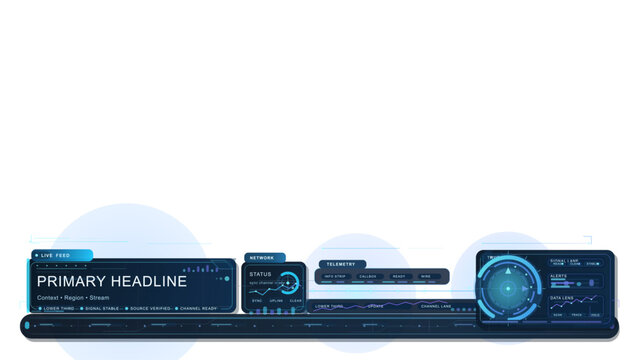 Futuristic broadcast lower-third HUD interface on white space with primary headline panel, telemetry strip, network status, and radar display