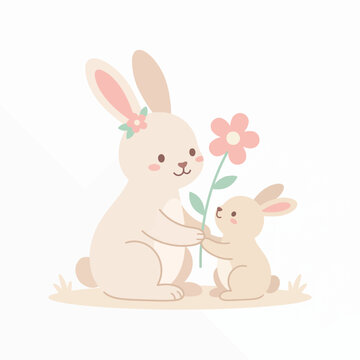 Cute cartoon Easter bunny mother and a baby in a happy playful style illustration