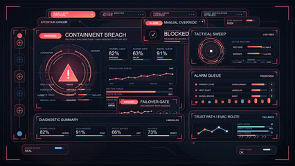 Fototapeta premium Dark tactical alarm HUD showing containment breach warning, glowing radar sweep, alarm queue, diagnostic metrics, and emergency route panels