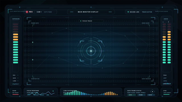 Dark CCTV camera monitor overlay with recording status, focus reticle, safe frame guides, exposure and audio meters, and luma chart interface