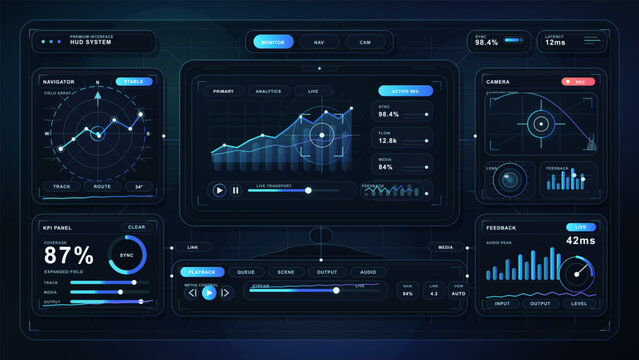 Futuristic HUD system dashboard with navigator radar, analytics chart, camera monitor, KPI sync, playback controls and neon blue panels on dark grid
