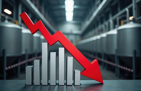 Factory setting with tanks and equipment shows negative financial trend. Red arrow and bar graph indicate sharp decline. Economic slump in industrial manufacturing sector.