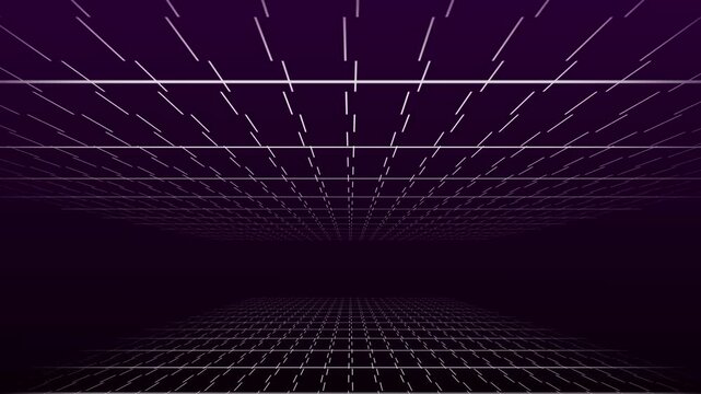Abstract digital grid receding into dark purple infinity on black. Digital grid background. Symmetrical abstract digital grid for futuristic cyberspace and data networks.