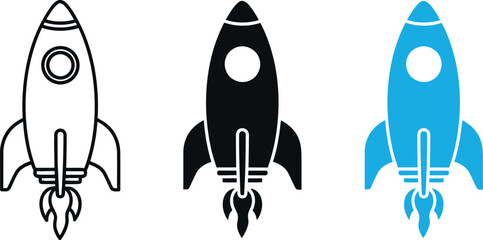 Three rocket ship icons line solid and gradient blue variations © ムツフィヤ