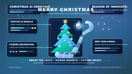 Futuristic Christmas AI greeting banner with robotic hand decorating a glowing tree, holiday interface panels, ornaments and dark blue neon grid. © Антон Сальников