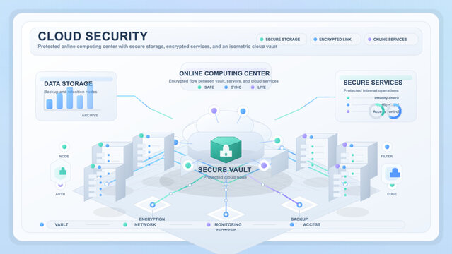 Isometric cloud security dashboard with secure vault, server racks, encrypted network lines, charts, and protected service panels on a pale grid