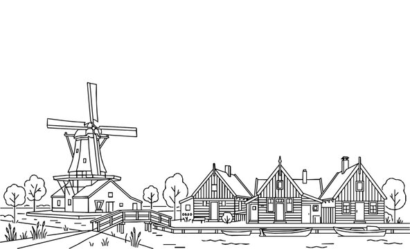 Zaanse Schans Traditional Architecture Monoline Art Background
