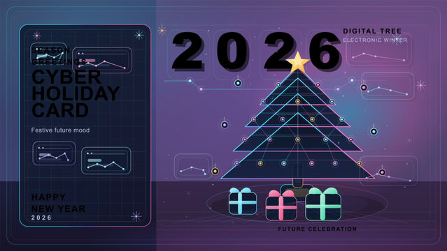 Neon cyber holiday greeting card for 2026 with digital tree outline, star topper, gift boxes, chart panels, and futuristic dark interface