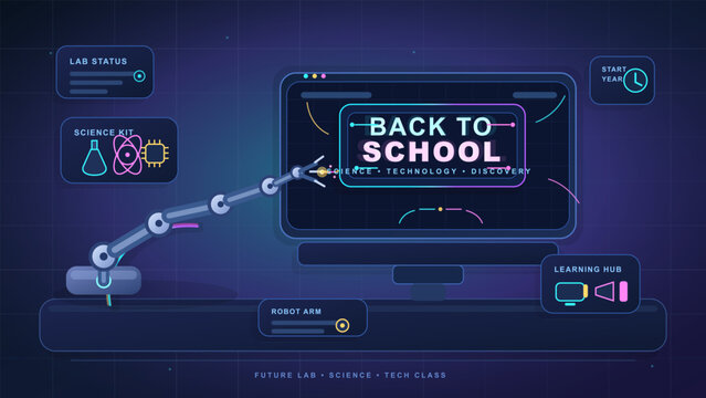Futuristic back to school banner with robot arm, computer display, science icons, learning hub panels, and neon lab interface on dark grid