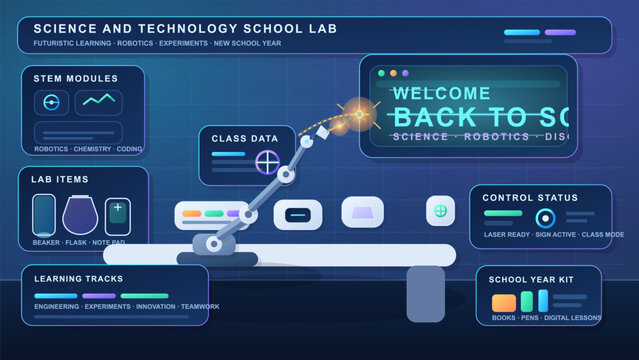 Futuristic school science lab illustration with robotic arm, STEM modules, experiment icons, class data panels, and glowing welcome screen