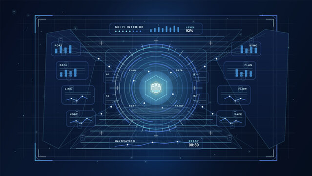Futuristic blue sci-fi control interface with glowing CPU core, holographic panels, circular HUD elements, data charts, and dark grid background