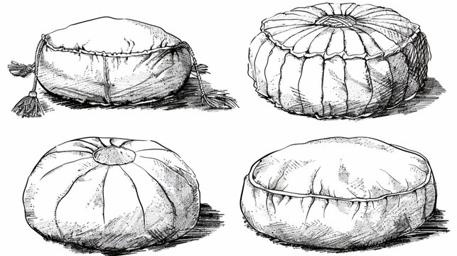 Four pen and ink illustrations of soft, round, plush-looking cushions or floor pillows