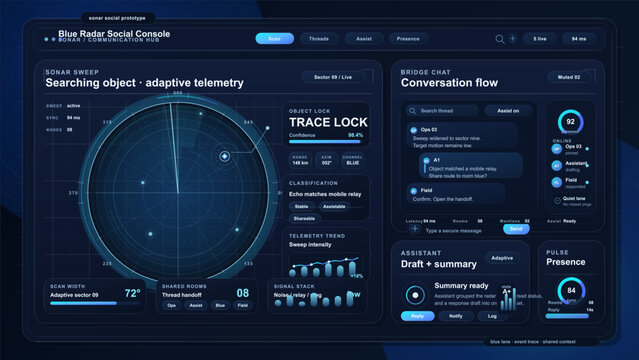 Futuristic blue sonar communication console with radar sweep, chat cards, telemetry panels, glowing controls, and dark digital grid interface