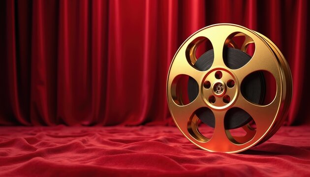 Golden film reel rests on plush red velvet drapery. Symbolizes cinema achievements, award events, luxury, and classic movie making prestige. Evokes glamour and Hollywood style.