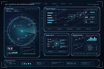 Fototapeta premium Futuristic blue HUD interface elements set with radar core, mission window charts, target reticle, status panels, and dark grid background